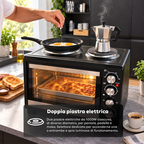 Elektrischer 40-L-Backofen mit zwei elektrischen Heizplatten, Grill, 5 Gararten, 120-Minuten-Timer, 100-250 °C und doppelt verglaster Tür