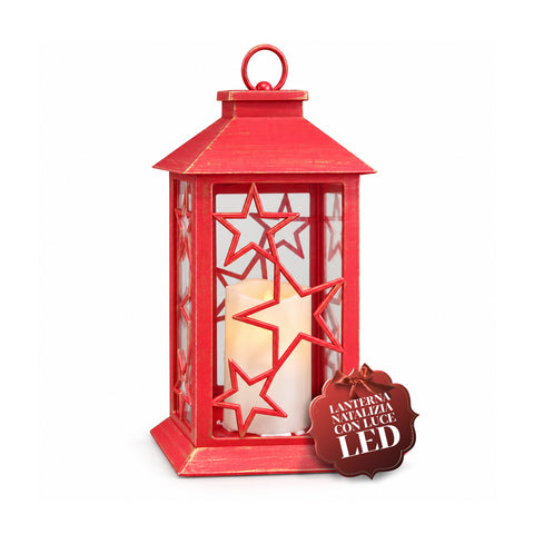 Rote LED-Weihnachtslaterne 30 cm, Kerze mit Flammeneffekt, zum Aufhängen oder Aufstellen, 14x14x30 cm, 2 verfügbare Dekore: Sterne oder Schneeflocken