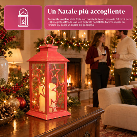 Rote LED-Weihnachtslaterne 30 cm, Kerze mit Flammeneffekt, zum Aufhängen oder Aufstellen, 14x14x30 cm, 2 verfügbare Dekore: Sterne oder Schneeflocken