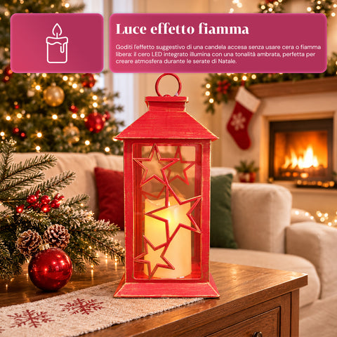 Rote LED-Weihnachtslaterne 30 cm, Kerze mit Flammeneffekt, zum Aufhängen oder Aufstellen, 14x14x30 cm, 2 verfügbare Dekore: Sterne oder Schneeflocken