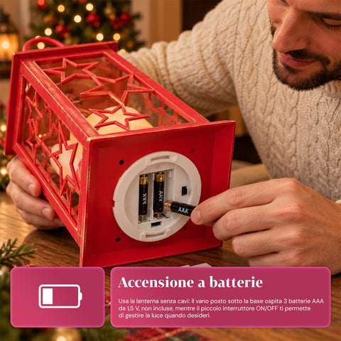 Rote LED-Weihnachtslaterne 30 cm, Kerze mit Flammeneffekt, zum Aufhängen oder Aufstellen, 14x14x30 cm, 2 verfügbare Dekore: Sterne oder Schneeflocken