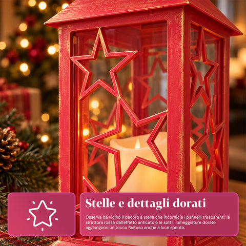 Rote LED-Weihnachtslaterne 30 cm, Kerze mit Flammeneffekt, zum Aufhängen oder Aufstellen, 14x14x30 cm, 2 verfügbare Dekore: Sterne oder Schneeflocken