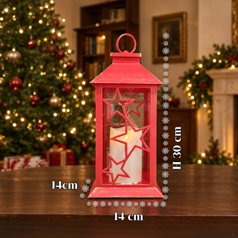 Rote LED-Weihnachtslaterne 30 cm, Kerze mit Flammeneffekt, zum Aufhängen oder Aufstellen, 14x14x30 cm, 2 verfügbare Dekore: Sterne oder Schneeflocken