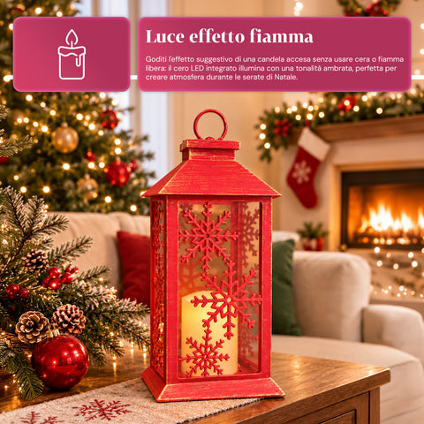 Rote LED-Weihnachtslaterne 30 cm, Kerze mit Flammeneffekt, zum Aufhängen oder Aufstellen, 14x14x30 cm, 2 verfügbare Dekore: Sterne oder Schneeflocken