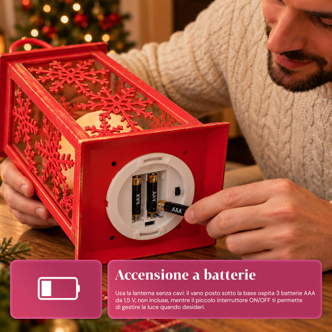 Rote LED-Weihnachtslaterne 30 cm, Kerze mit Flammeneffekt, zum Aufhängen oder Aufstellen, 14x14x30 cm, 2 verfügbare Dekore: Sterne oder Schneeflocken