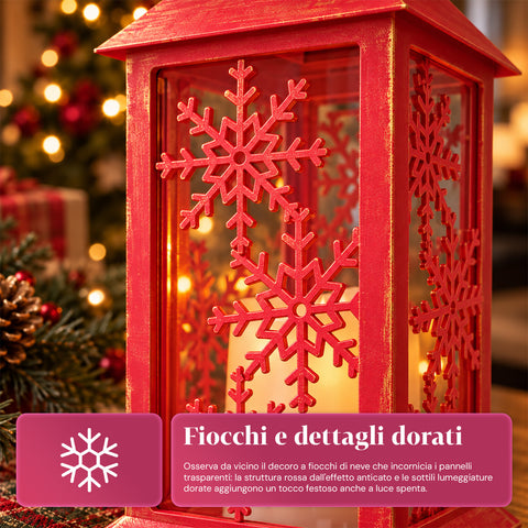 Rote LED-Weihnachtslaterne 30 cm, Kerze mit Flammeneffekt, zum Aufhängen oder Aufstellen, 14x14x30 cm, 2 verfügbare Dekore: Sterne oder Schneeflocken