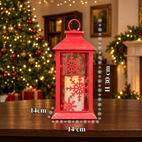 Rote LED-Weihnachtslaterne 30 cm, Kerze mit Flammeneffekt, zum Aufhängen oder Aufstellen, 14x14x30 cm, 2 verfügbare Dekore: Sterne oder Schneeflocken