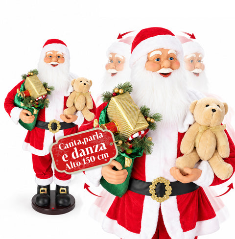 Tanzender Weihnachtsmann 150 cm mit Musik, Gesang und Bewegung - Weihnachtsdekoration für den Innenbereich mit Knopf, Sockel 38 cm, Rot