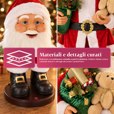 Tanzender Weihnachtsmann 150 cm mit Musik, Gesang und Bewegung - Weihnachtsdekoration für den Innenbereich mit Knopf, Sockel 38 cm, Rot