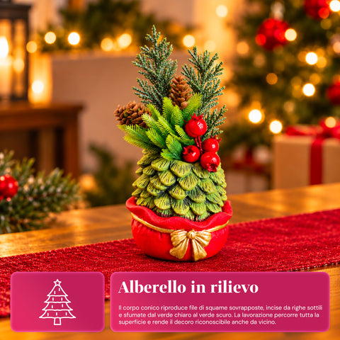 Ornamentaler Miniaturbaum 20 cm, weihnachtliche Tischdekoration mit Tannenzapfen, roten Beeren und erhabenem Schleifenmotiv, 2 Varianten in Rot und Gold