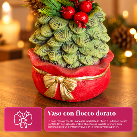 Ornamentaler Miniaturbaum 20 cm, weihnachtliche Tischdekoration mit Tannenzapfen, roten Beeren und erhabenem Schleifenmotiv, 2 Varianten in Rot und Gold