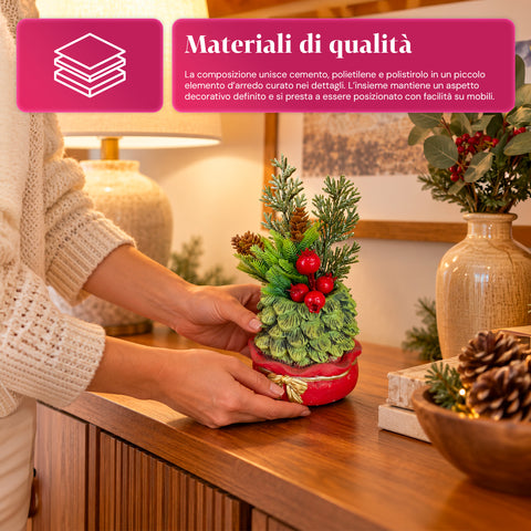 Ornamentaler Miniaturbaum 20 cm, weihnachtliche Tischdekoration mit Tannenzapfen, roten Beeren und erhabenem Schleifenmotiv, 2 Varianten in Rot und Gold