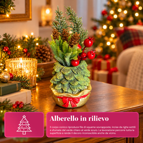 Ornamentaler Miniaturbaum 20 cm, weihnachtliche Tischdekoration mit Tannenzapfen, roten Beeren und erhabenem Schleifenmotiv, 2 Varianten in Rot und Gold