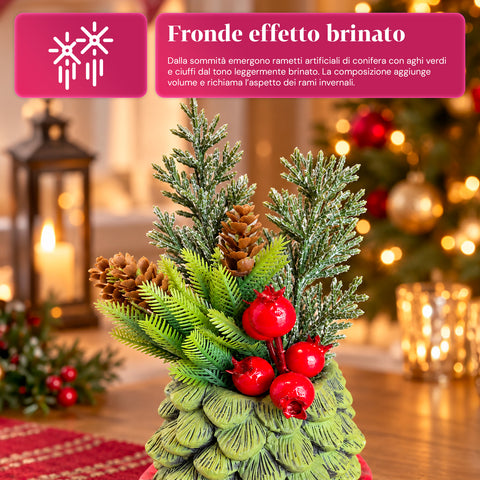Ornamentaler Miniaturbaum 20 cm, weihnachtliche Tischdekoration mit Tannenzapfen, roten Beeren und erhabenem Schleifenmotiv, 2 Varianten in Rot und Gold