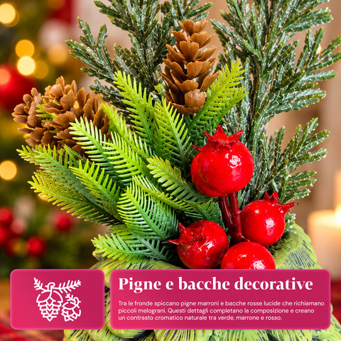 Ornamentaler Miniaturbaum 20 cm, weihnachtliche Tischdekoration mit Tannenzapfen, roten Beeren und erhabenem Schleifenmotiv, 2 Varianten in Rot und Gold