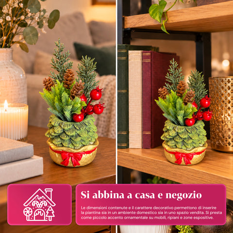 Ornamentaler Miniaturbaum 20 cm, weihnachtliche Tischdekoration mit Tannenzapfen, roten Beeren und erhabenem Schleifenmotiv, 2 Varianten in Rot und Gold