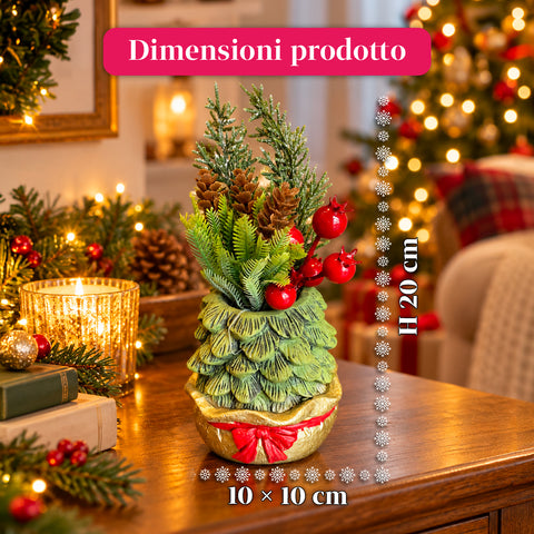 Ornamentaler Miniaturbaum 20 cm, weihnachtliche Tischdekoration mit Tannenzapfen, roten Beeren und erhabenem Schleifenmotiv, 2 Varianten in Rot und Gold