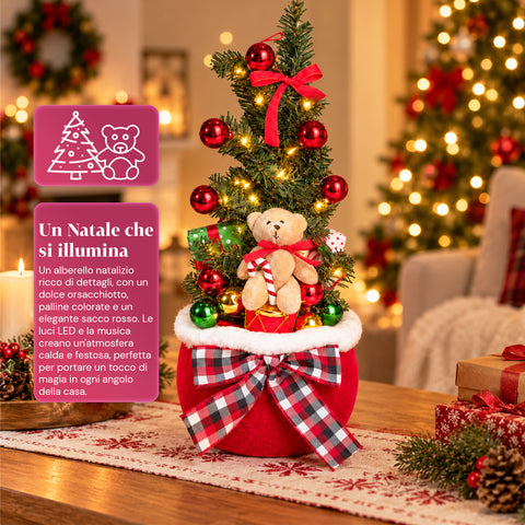 Leuchtende Weihnachtsdekoration als Sack, 50 cm, mit Weihnachtsbaum, Teddybär und Musik, LED-Lichtern, Weihnachtsschmuck