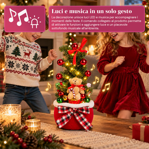 Leuchtende Weihnachtsdekoration als Sack, 50 cm, mit Weihnachtsbaum, Teddybär und Musik, LED-Lichtern, Weihnachtsschmuck