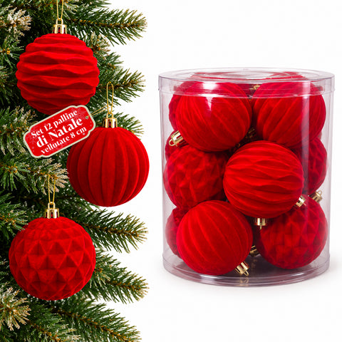 Set mit 12 samtigen Weihnachtskugeln, 8 cm, drei verschiedene Texturen in jeder Packung, in 3 Farben erhältlich, matte Kugeln für den Weihnachtsbaum und zur Dekoration