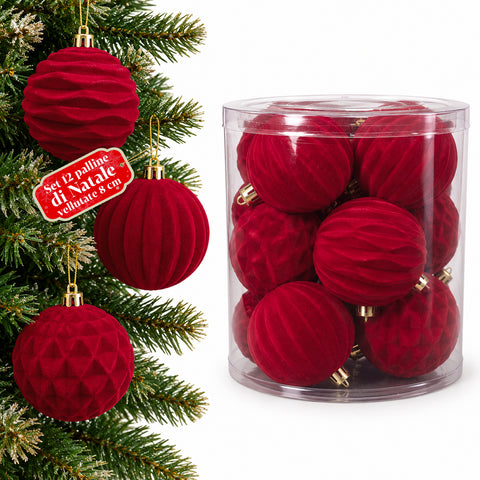 Set mit 12 samtigen Weihnachtskugeln, 8 cm, drei verschiedene Texturen in jeder Packung, in 3 Farben erhältlich, matte Kugeln für den Weihnachtsbaum und zur Dekoration