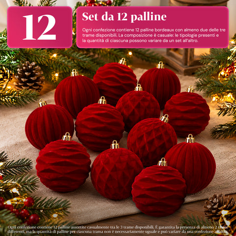 Set mit 12 samtigen Weihnachtskugeln, 8 cm, drei verschiedene Texturen in jeder Packung, in 3 Farben erhältlich, matte Kugeln für den Weihnachtsbaum und zur Dekoration