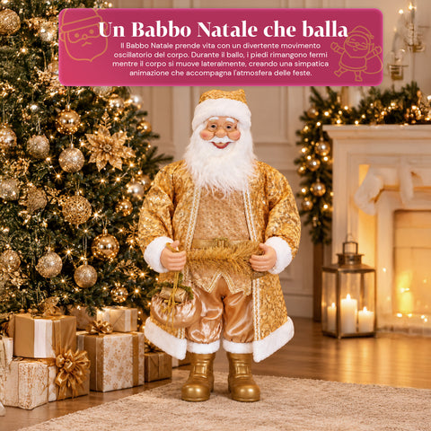 Tanzender Weihnachtsmann, 130 cm, mit Musik, goldene Weihnachtsstatue, die tanzt, lacht und singt, mehrere Modi und Lieder, zu befüllender Sockel, Netzteil inklusive