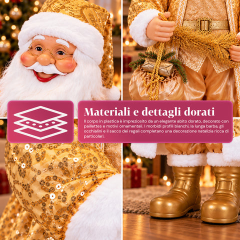 Tanzender Weihnachtsmann, 130 cm, mit Musik, goldene Weihnachtsstatue, die tanzt, lacht und singt, mehrere Modi und Lieder, zu befüllender Sockel, Netzteil inklusive
