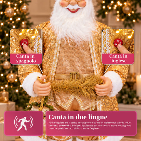 Tanzender Weihnachtsmann, 130 cm, mit Musik, goldene Weihnachtsstatue, die tanzt, lacht und singt, mehrere Modi und Lieder, zu befüllender Sockel, Netzteil inklusive