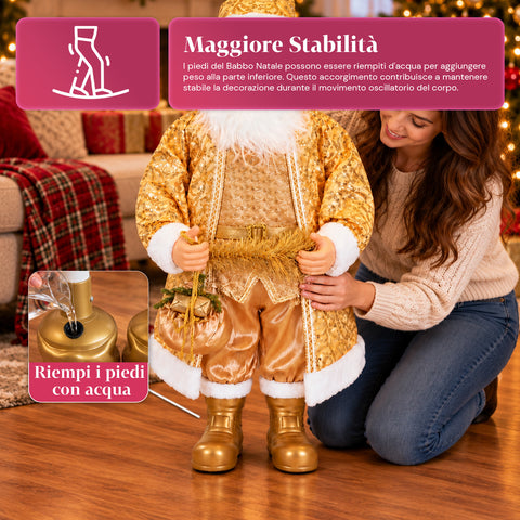 Tanzender Weihnachtsmann, 130 cm, mit Musik, goldene Weihnachtsstatue, die tanzt, lacht und singt, mehrere Modi und Lieder, zu befüllender Sockel, Netzteil inklusive