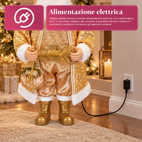 Tanzender Weihnachtsmann, 130 cm, mit Musik, goldene Weihnachtsstatue, die tanzt, lacht und singt, mehrere Modi und Lieder, zu befüllender Sockel, Netzteil inklusive