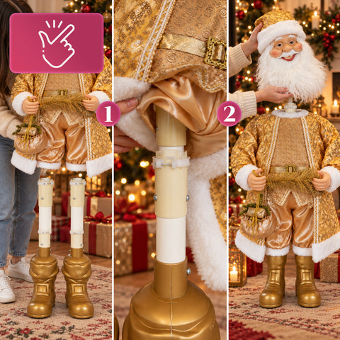 Tanzender Weihnachtsmann, 130 cm, mit Musik, goldene Weihnachtsstatue, die tanzt, lacht und singt, mehrere Modi und Lieder, zu befüllender Sockel, Netzteil inklusive