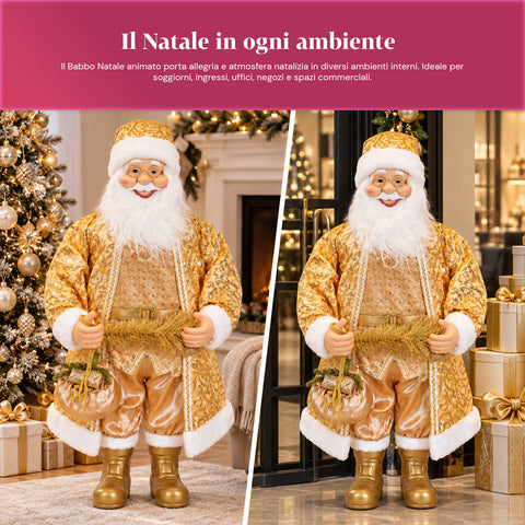 Tanzender Weihnachtsmann, 130 cm, mit Musik, goldene Weihnachtsstatue, die tanzt, lacht und singt, mehrere Modi und Lieder, zu befüllender Sockel, Netzteil inklusive