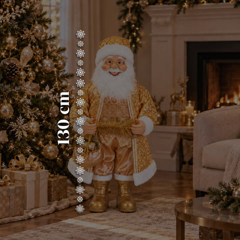 Tanzender Weihnachtsmann, 130 cm, mit Musik, goldene Weihnachtsstatue, die tanzt, lacht und singt, mehrere Modi und Lieder, zu befüllender Sockel, Netzteil inklusive