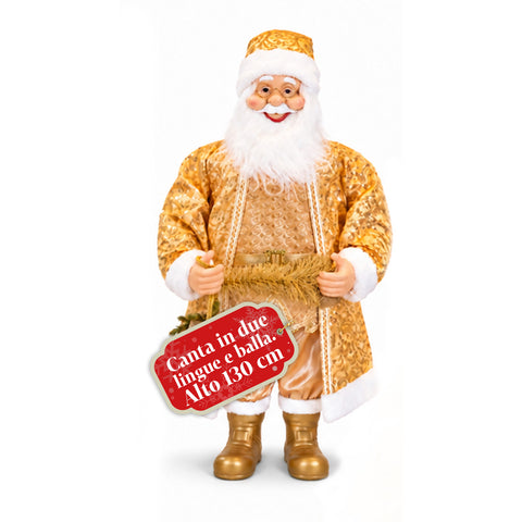 Tanzender Weihnachtsmann, 130 cm, mit Musik, goldene Weihnachtsstatue, die tanzt, lacht und singt, mehrere Modi und Lieder, zu befüllender Sockel, Netzteil inklusive