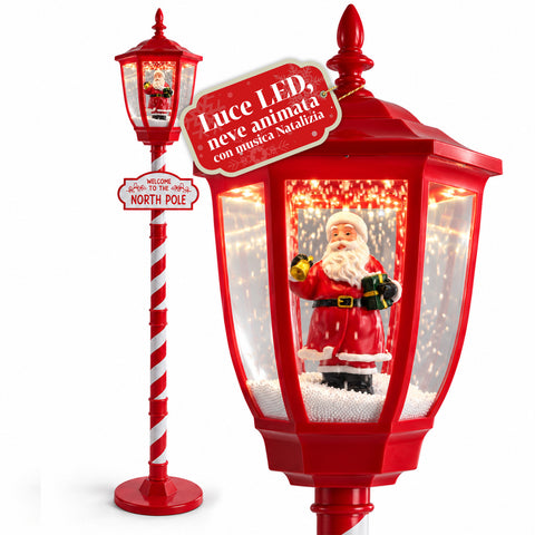 Rote Weihnachtslaterne 180 cm mit Schnee, LED-Licht und Musik, 2 Varianten: Weihnachtsmann oder Teddybär, Glaskugel-Effekt, weihnachtliche Bodendekoration