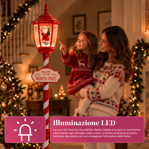 Rote Weihnachtslaterne 180 cm mit Schnee, LED-Licht und Musik, 2 Varianten: Weihnachtsmann oder Teddybär, Glaskugel-Effekt, weihnachtliche Bodendekoration