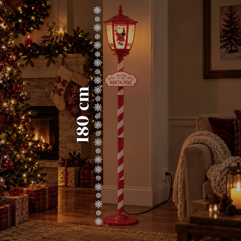 Rote Weihnachtslaterne 180 cm mit Schnee, LED-Licht und Musik, 2 Varianten: Weihnachtsmann oder Teddybär, Glaskugel-Effekt, weihnachtliche Bodendekoration