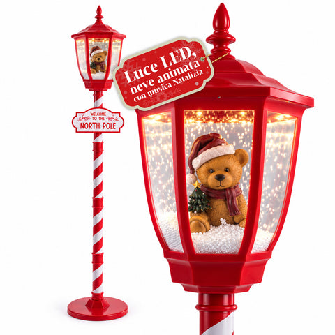 Rote Weihnachtslaterne 180 cm mit Schnee, LED-Licht und Musik, 2 Varianten: Weihnachtsmann oder Teddybär, Glaskugel-Effekt, weihnachtliche Bodendekoration