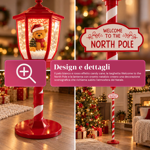 Rote Weihnachtslaterne 180 cm mit Schnee, LED-Licht und Musik, 2 Varianten: Weihnachtsmann oder Teddybär, Glaskugel-Effekt, weihnachtliche Bodendekoration