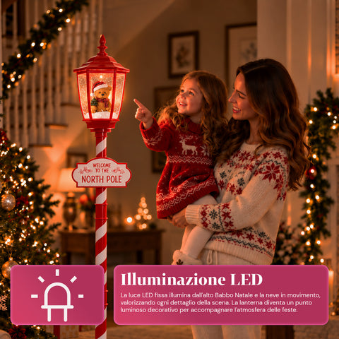 Rote Weihnachtslaterne 180 cm mit Schnee, LED-Licht und Musik, 2 Varianten: Weihnachtsmann oder Teddybär, Glaskugel-Effekt, weihnachtliche Bodendekoration