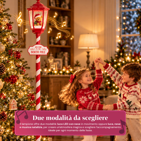 Rote Weihnachtslaterne 180 cm mit Schnee, LED-Licht und Musik, 2 Varianten: Weihnachtsmann oder Teddybär, Glaskugel-Effekt, weihnachtliche Bodendekoration