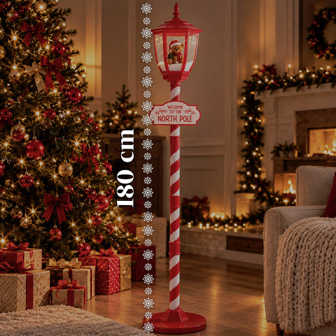 Rote Weihnachtslaterne 180 cm mit Schnee, LED-Licht und Musik, 2 Varianten: Weihnachtsmann oder Teddybär, Glaskugel-Effekt, weihnachtliche Bodendekoration