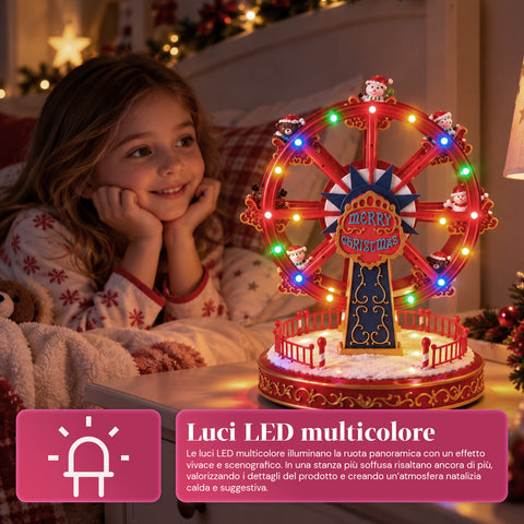 Weihnachts-Riesenrad mit LED-Lichtern, Musik und Drehbewegung, 2 Farben, animierte Weihnachtsdekoration, Höhe 26 cm, Standfuß 22 cm, Kunststoff
