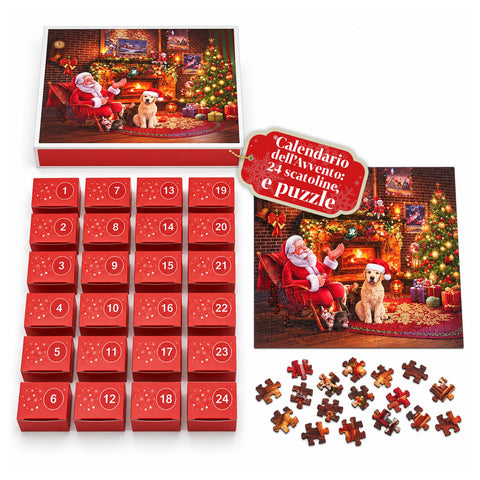 Adventskalender-Puzzle mit 1008 Teilen zum Zusammensetzen in 24 Tagen, Weihnachtsszene mit Weihnachtsmann und Hund, fertiges Puzzle 70x50 cm