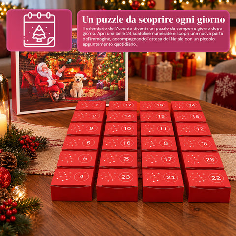 Adventskalender-Puzzle mit 1008 Teilen zum Zusammensetzen in 24 Tagen, Weihnachtsszene mit Weihnachtsmann und Hund, fertiges Puzzle 70x50 cm