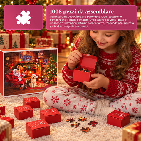 Adventskalender-Puzzle mit 1008 Teilen zum Zusammensetzen in 24 Tagen, Weihnachtsszene mit Weihnachtsmann und Hund, fertiges Puzzle 70x50 cm