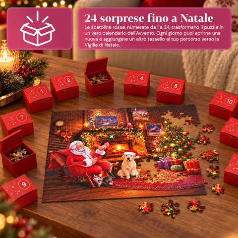 Adventskalender-Puzzle mit 1008 Teilen zum Zusammensetzen in 24 Tagen, Weihnachtsszene mit Weihnachtsmann und Hund, fertiges Puzzle 70x50 cm