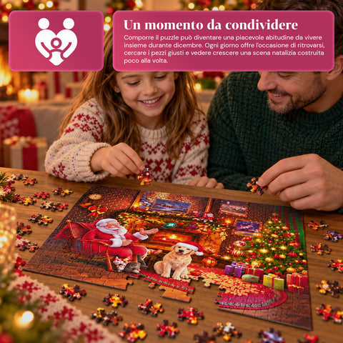 Adventskalender-Puzzle mit 1008 Teilen zum Zusammensetzen in 24 Tagen, Weihnachtsszene mit Weihnachtsmann und Hund, fertiges Puzzle 70x50 cm