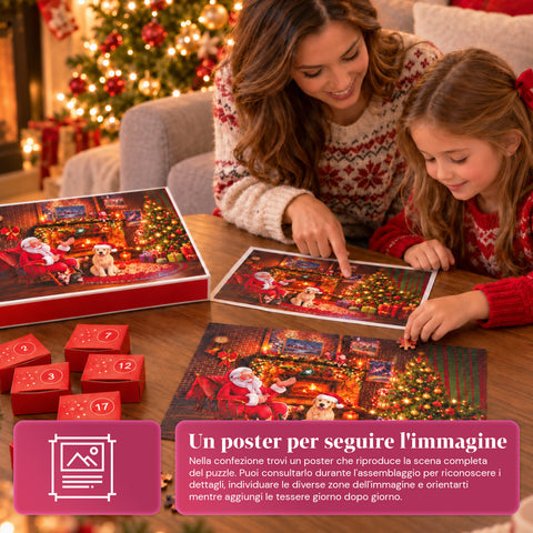 Adventskalender-Puzzle mit 1008 Teilen zum Zusammensetzen in 24 Tagen, Weihnachtsszene mit Weihnachtsmann und Hund, fertiges Puzzle 70x50 cm